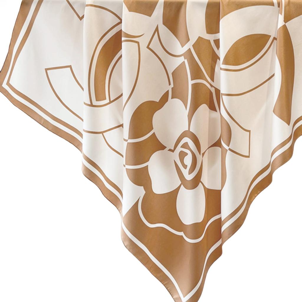 90x90 Floral Pattern Scarf - Caramel and Cream White, Geometric Elegance
