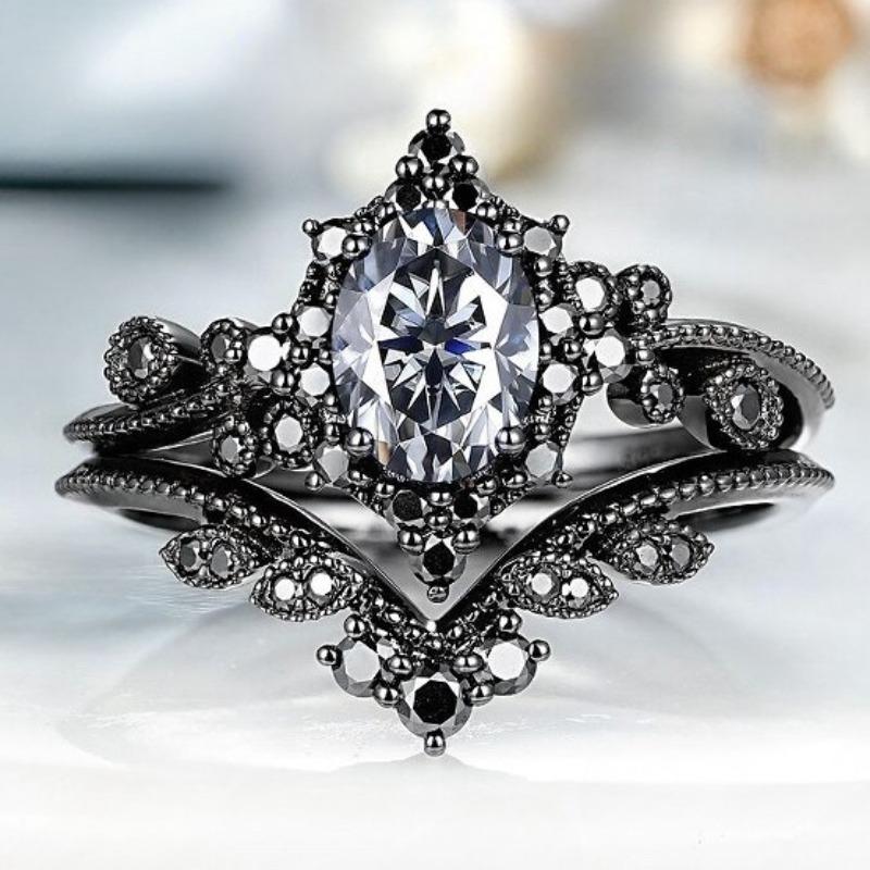 Exquisite Black Color Flower Oval Round Rings for Women Black Stone Rings Set Jewelry Party Gift