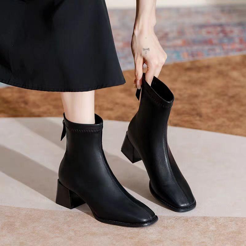 2025 Women's Fashion Boots Square Toe Square Heel Back Zipper Short Boots Retro All-match Korean Style Spring and Autumn Boots