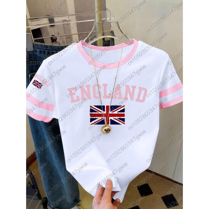 Womens Short Sleeve Color-Block ENGLAND STRIPE Print Y2k T Shirt Girl Round Neck Tee Outdoor Sports Adult Women's T-Shirt