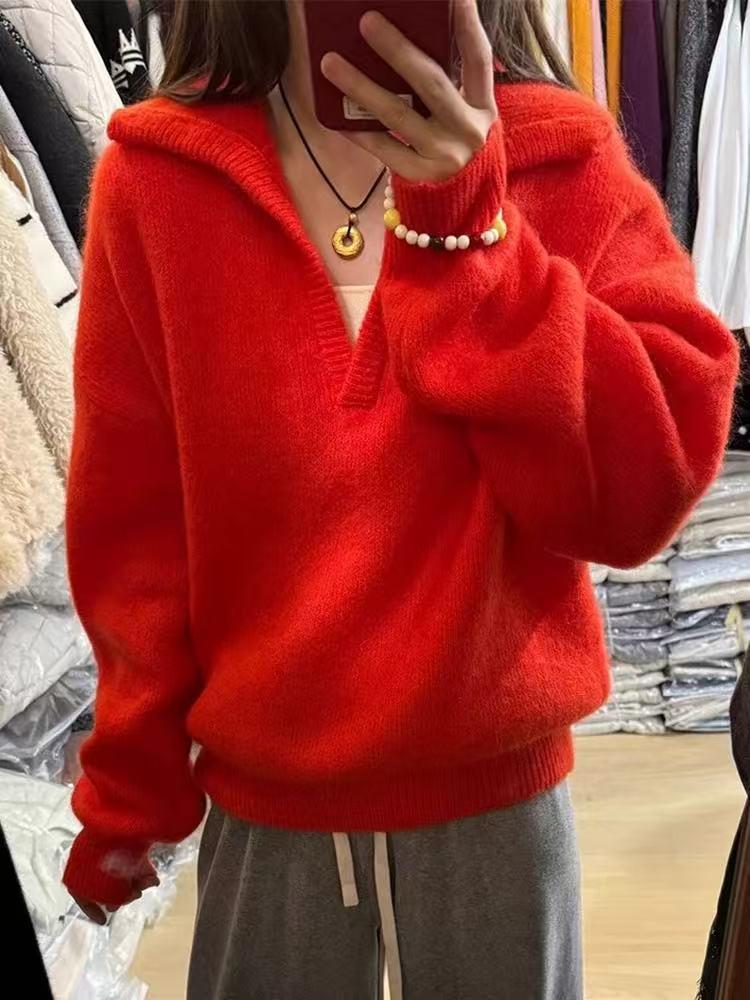 Women's Pure Wool Lapel Sweater, Autumn/Winter 2025, Thick Knit Loose POLO Collar Pullover.