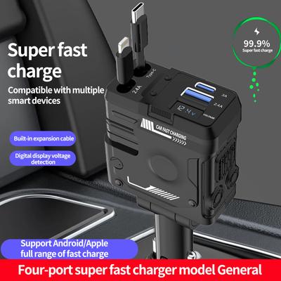 4'ü 1 Arada Geri Çekilebilir Araç Şarj Cihazı USB Type C Hızlı Şarj Geri Çekilebilir Kablo ve 2 USB Bağlantı Noktası Araç Şarj Cihazı Adaptörü Uyumlu