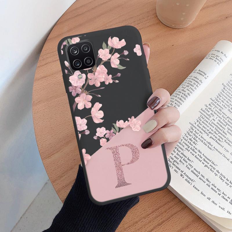 Pink Flower Case For Samsung Galaxy A12 5G M12 F12 Phone Cover Soft Silicone Initial Letter Fashion Shell Coque For Samsung A 12
