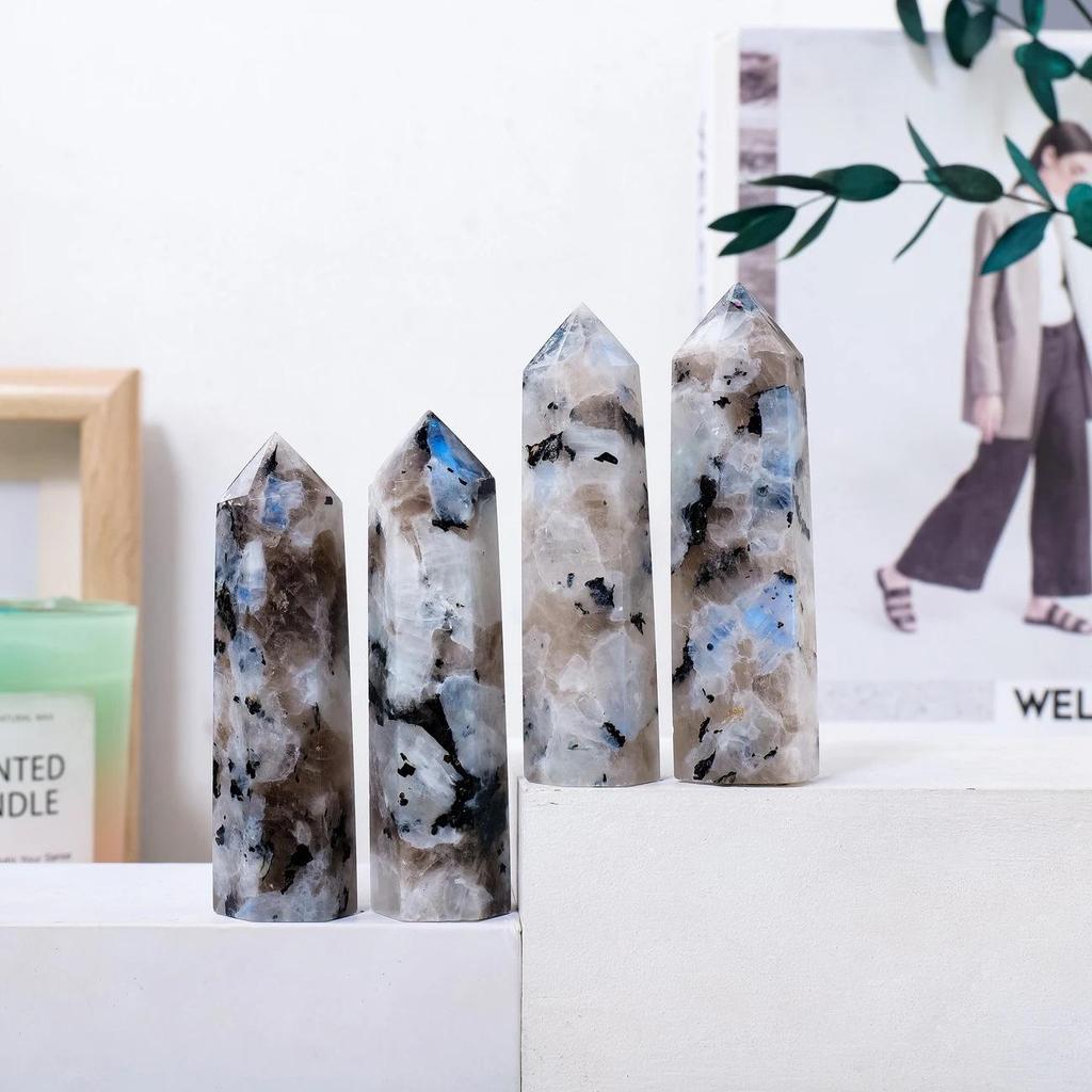 Natural Black Moonstone Hexagonal Prism Polished Energy Column Ornament