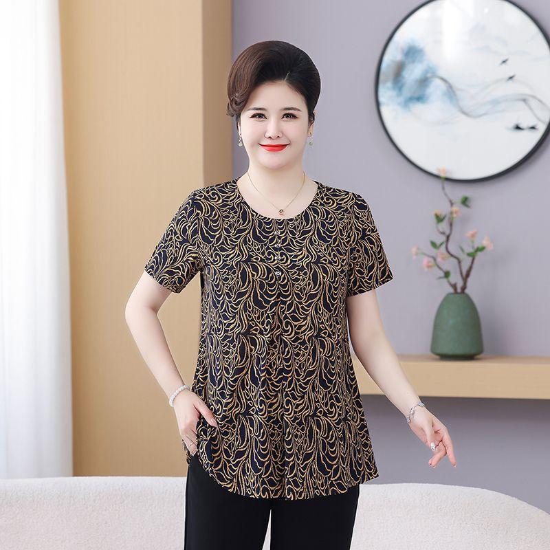 Mom's Short Sleeve Middle-aged and Elderly Summer New Style Plus Size T-shirt Oversized Top Loose Versatile Blouse