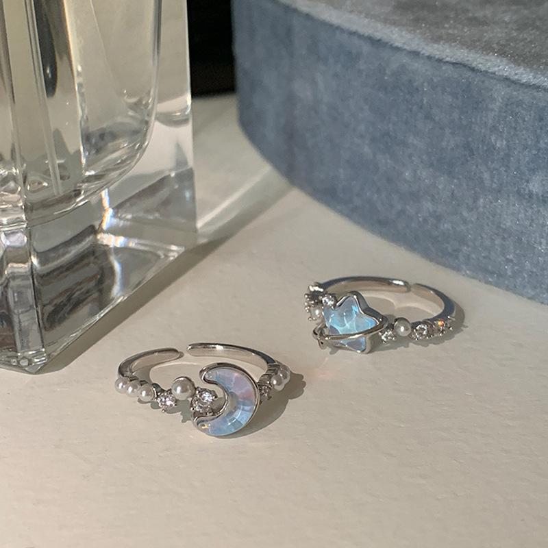 

2025 Kpop Blue Zircon Moon Star Open Ring для женщин и девочек Роскошные парные кольца для пальцев Модные украшения для свадебной вечеринки Y2K в подарок миндальный
