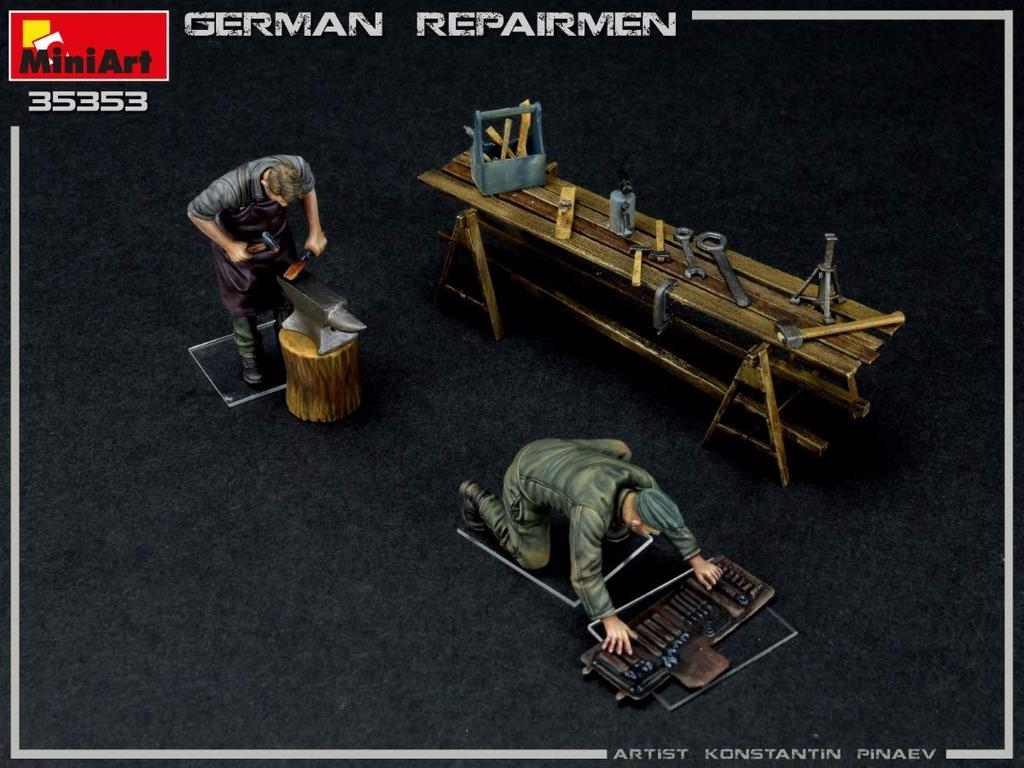 Miniart 1/35 Maßstab Deutscher Reparaturmann (2er Set) mit Werkbank und Werkzeugen, Kunststoffmodellbausatz MA35353