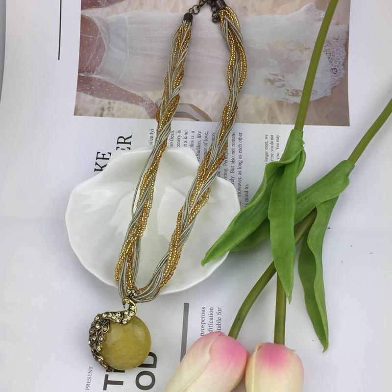 Handmade Rice Beads, Ethnic Retro Sweater Chain, Peacock Gemstone Pendant Necklace.