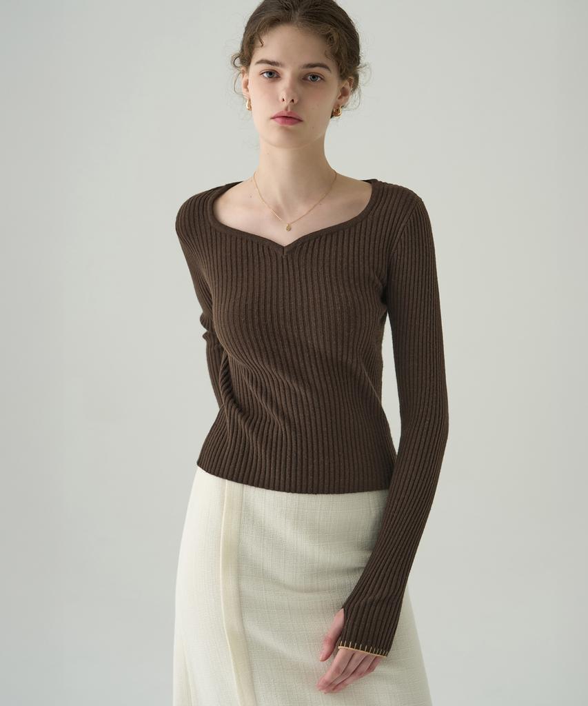 Deuloupisumeon Heart Neck Ribbed Slim Knit Top [M.Grey]