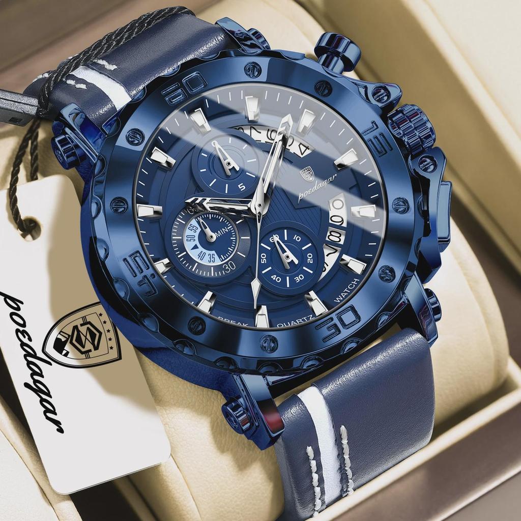 POEDAGAR Top Military Man Wristwatch Waterproof Luminous Date Fashion Chronograph Leather Sports Men's Quartz Watches