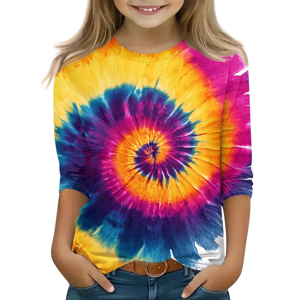 Print Tops For Youth Girls Round Neck 3/4 Sleeves T-Shirts Trendy Tops Outfit Tees