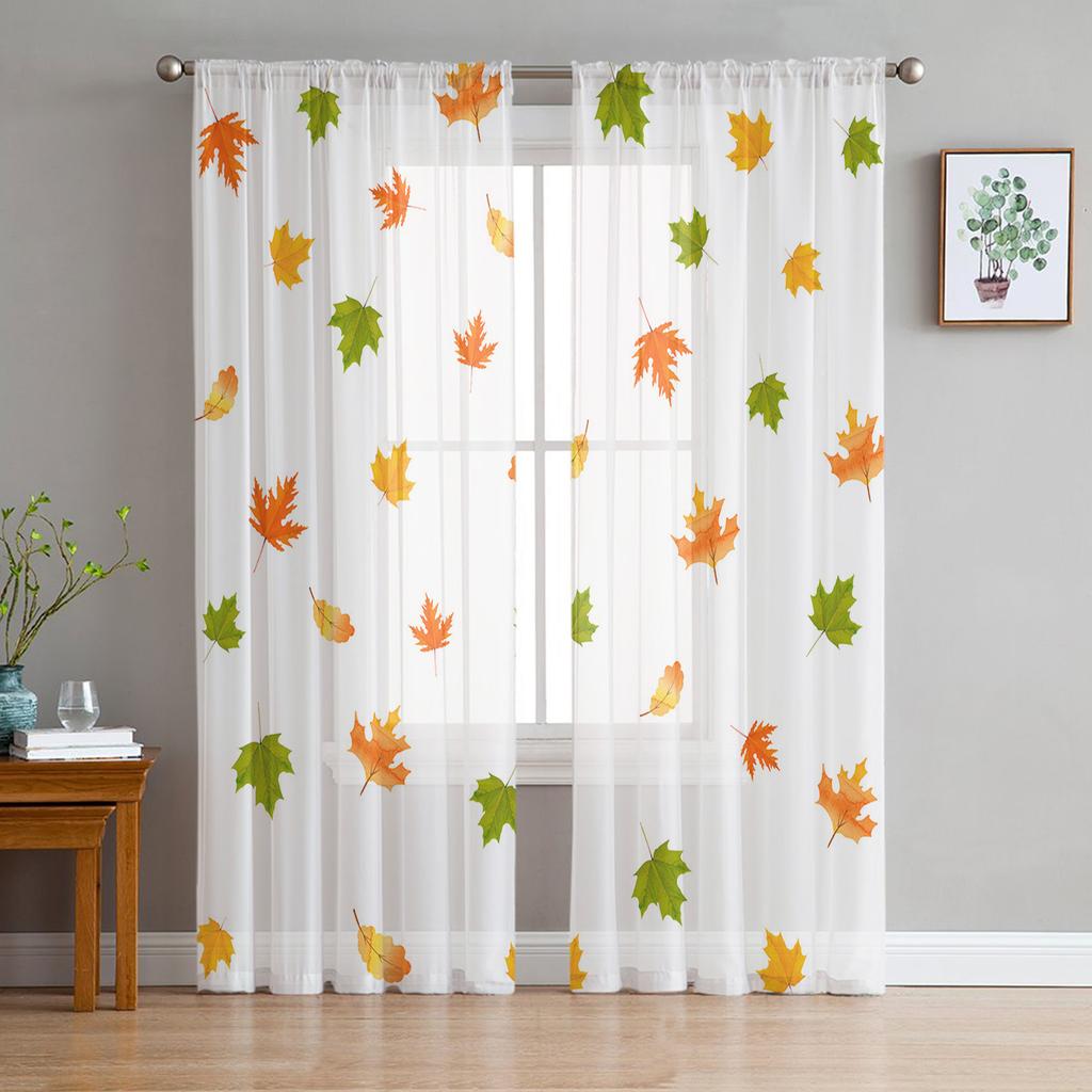 Youth Bedroom Sheer Curtains Maple Leaf Falling Yellow Kitchen Study Hanging Curtains Living Room Holiday Decor Tulle Curtains