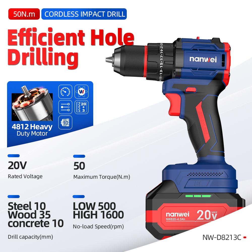 NANWEI 50 Nm 20V Electric Screwdriver with Impact Function, Brushless Motor