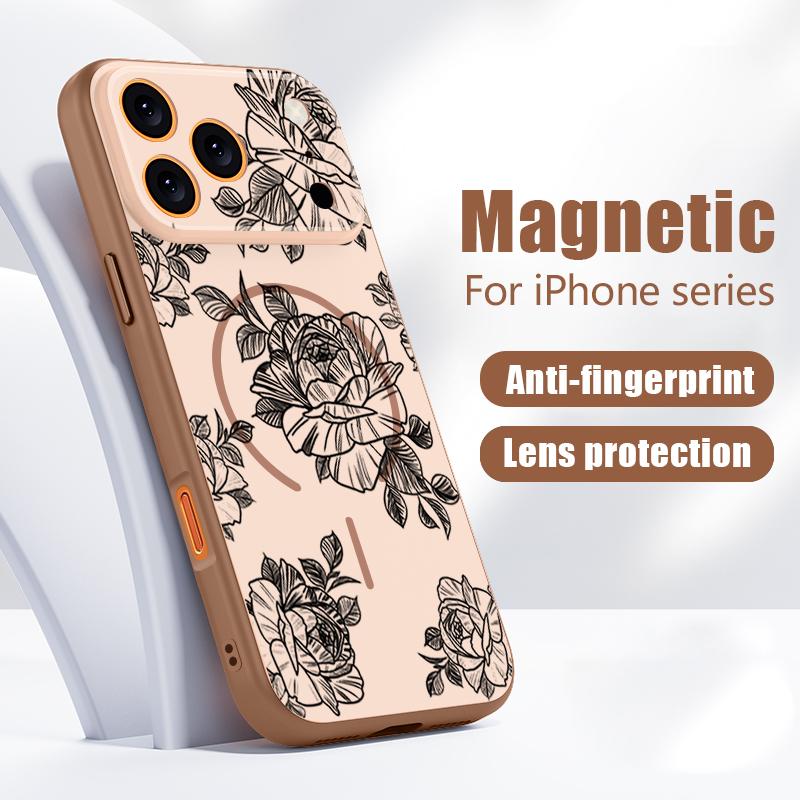 Sketching Rose Flower Pattern Case For iPhone 17 Pro Max Magnetic For Magsafe Hybrid Slim Matte Cover For iPhone 16 15 14 13 Pro Max