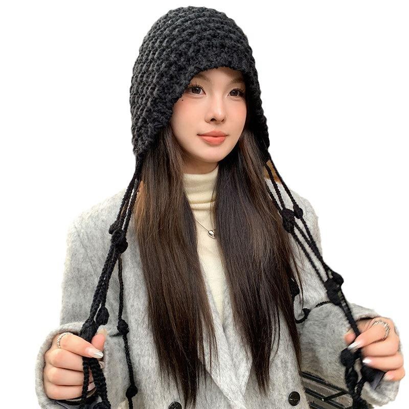 Handmade Fashion Shopping Fringed Warm Bag Hat Women Winter Ear Protection Tied Hat Knitted Wool Hat Tide