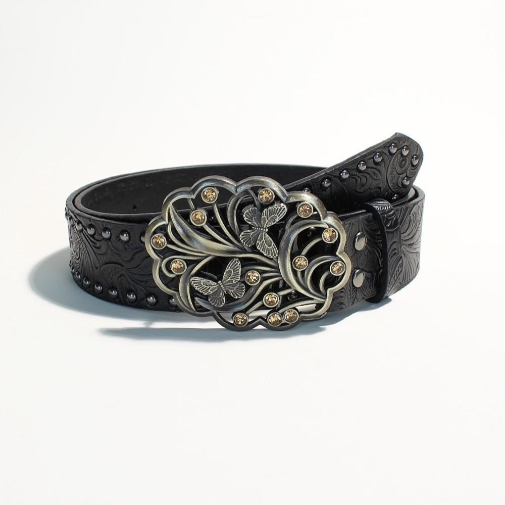 New Leather Heart-Shaped Belt Engraved Buckle Rivet Wide Waistband Belt Metal Rose Dress Waistband Gothic