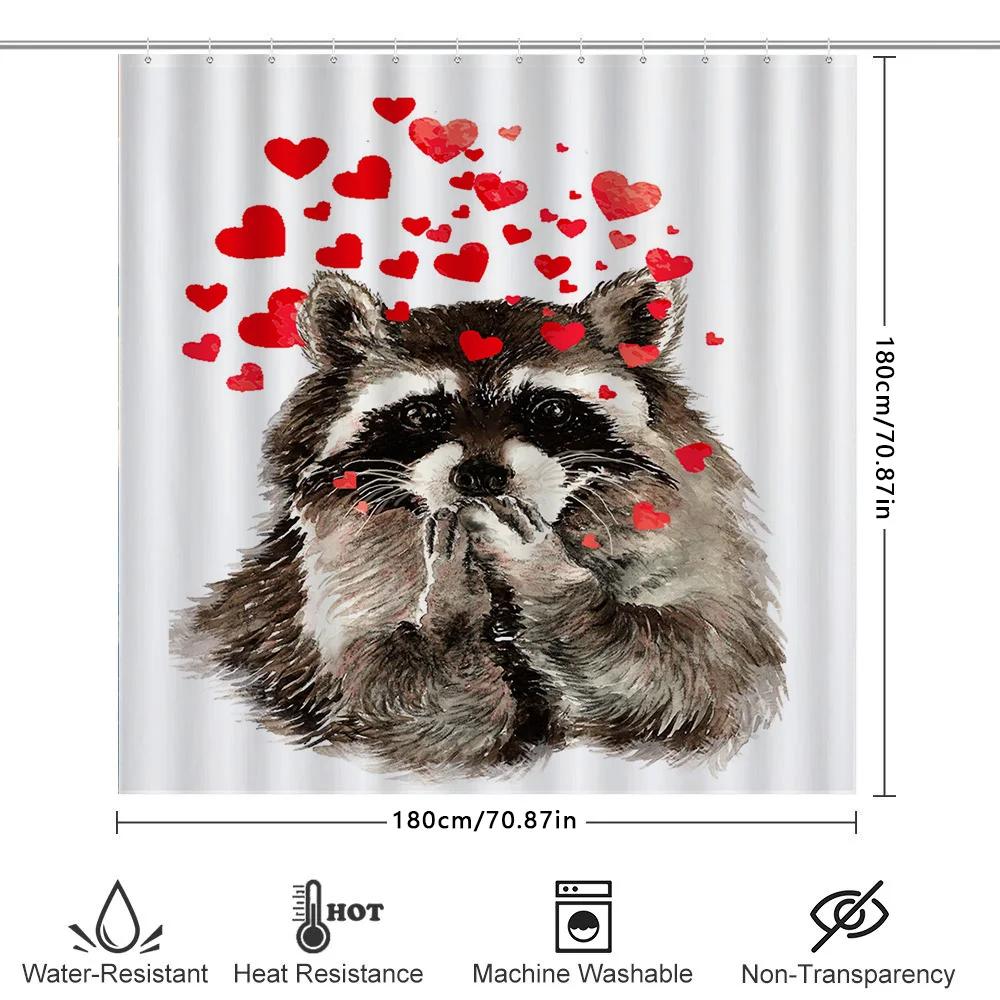 Watercolor Animal Print Shower Curtain Red Heart Sticker Design For Bathroom Decorations High-Quality Fabric Water Repellent