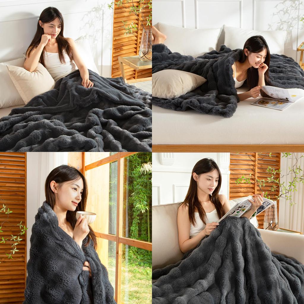 Haguko Fluffy Double Blanket, Fluffy, Stylish, Warm, Cute, Fluffy, Washable (180x200cm, Nebraska Gray)