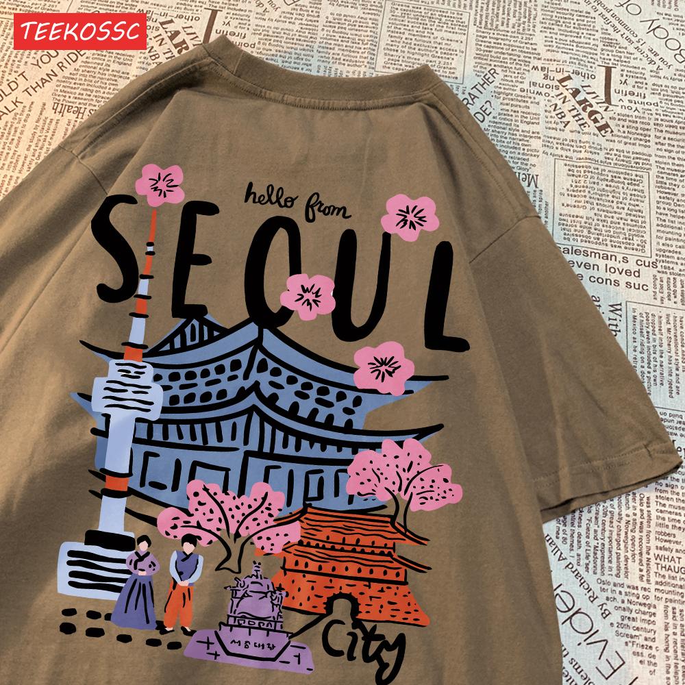 Casual Cotton Womens TShirts Seoul Beautiful Scenery Printed Short Sleeve ONeck Breathable Oversize Fashion Female Clothes S