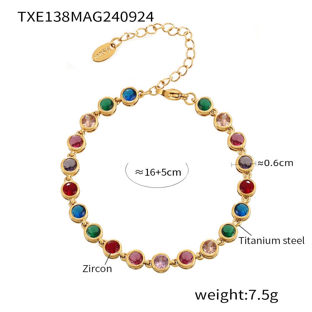 Bohemian Zircon Jewelry Set: Colorful Beads, Round Necklace & Bracelet, Titanium Steel with PVD Plated 18K Gold.