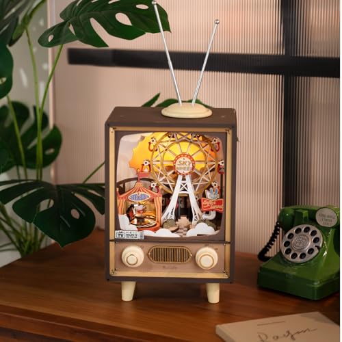 Tsukurundesu® 3D Wooden Puzzle Amusement Park Series (Sunset Park) with Japanese Instructions, Music Box, Retro TV