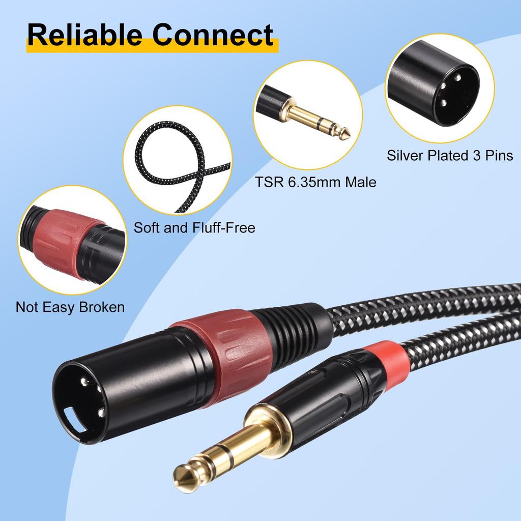 PATIKIL 6.35mm TRS To XLR Male Patch Cable, 10ft 22AWG Nylon Braided Microphone Cable, 6.35mm To 3-Pin XLR Speaker Patch Cable for Microphone Mixer,