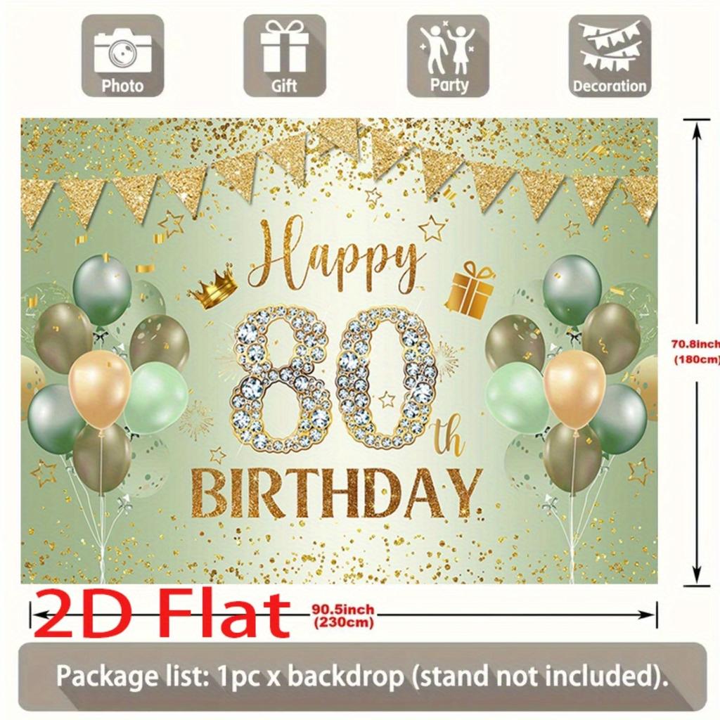 1 Happy 80th birthday background - Scottish green and gold glitter balloons, crown and gift design, polyester 2D decoration