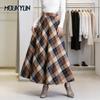 Falda a cuadros de lana retro para mujer, otoño-invierno, longitud media, cintura alta, línea A, faldas largas y gruesas de lana