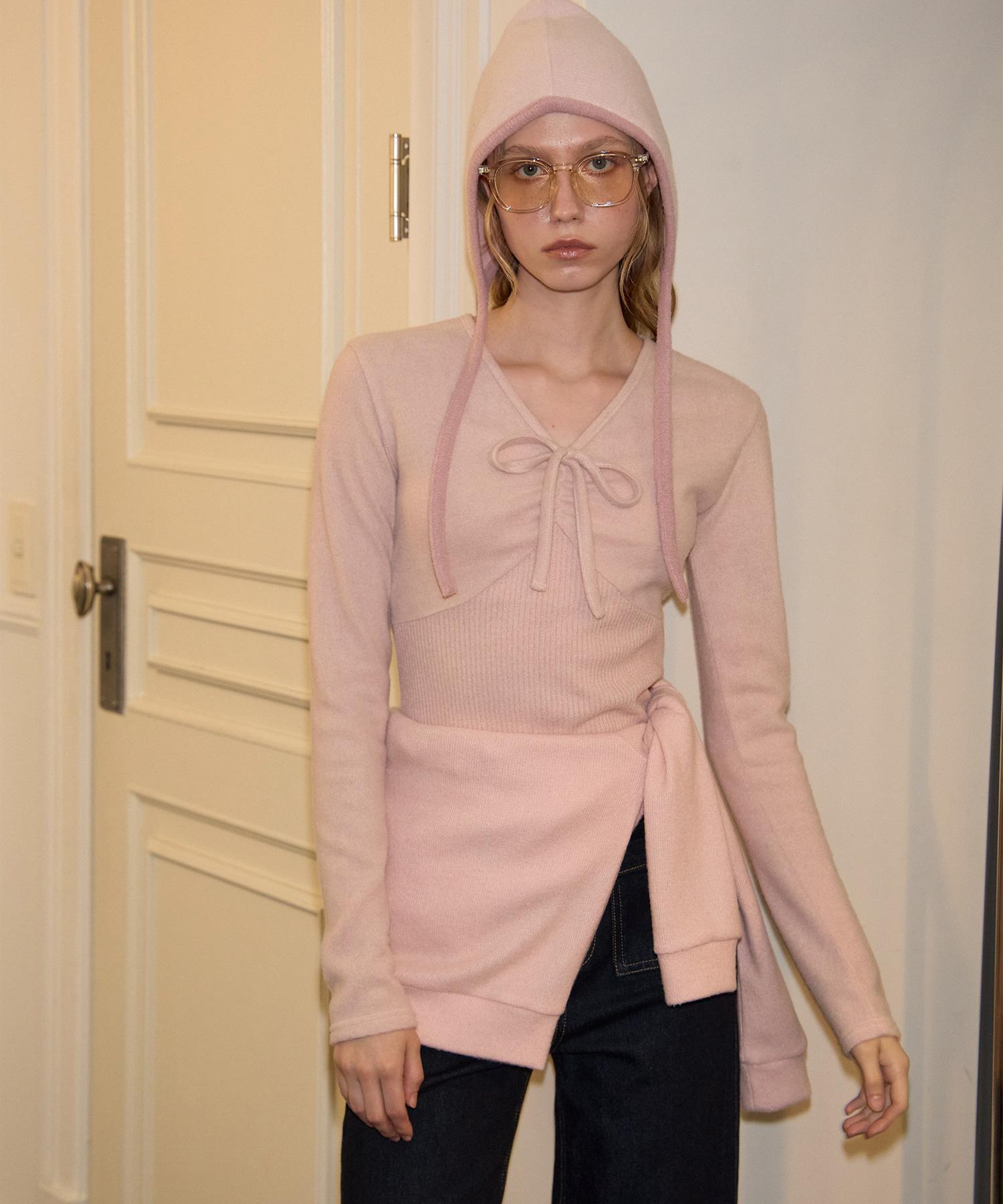 Salon De Yon V-Neck Ribbon Shirring Knit_ Pink S