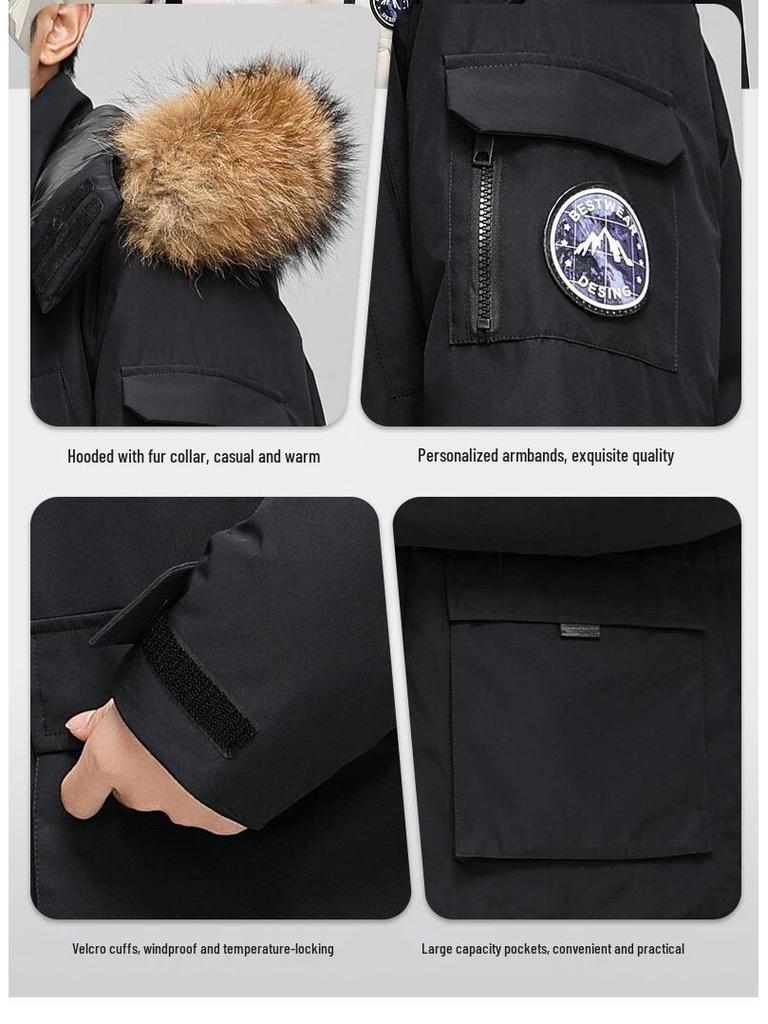 Men's American Style Winter Parka with Large Fur Collar, Mid-Length Outdoor Couple's Jacket, Mountain Windbreaker