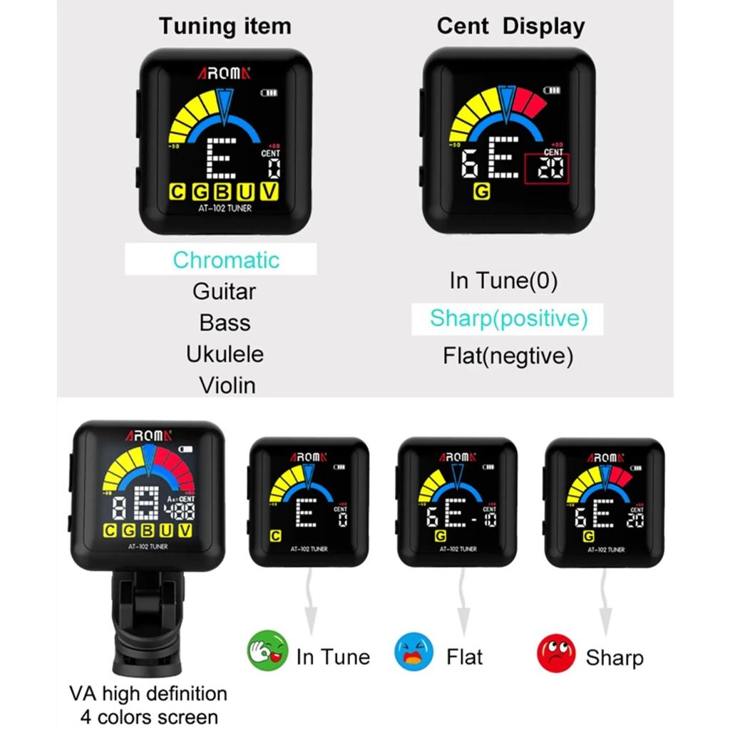 AT-102 Rechargeable Clip-on Guitar Tuner Color Screen with Built-in Battery USB Cable for Chromatic Guitar Bass Ukulele