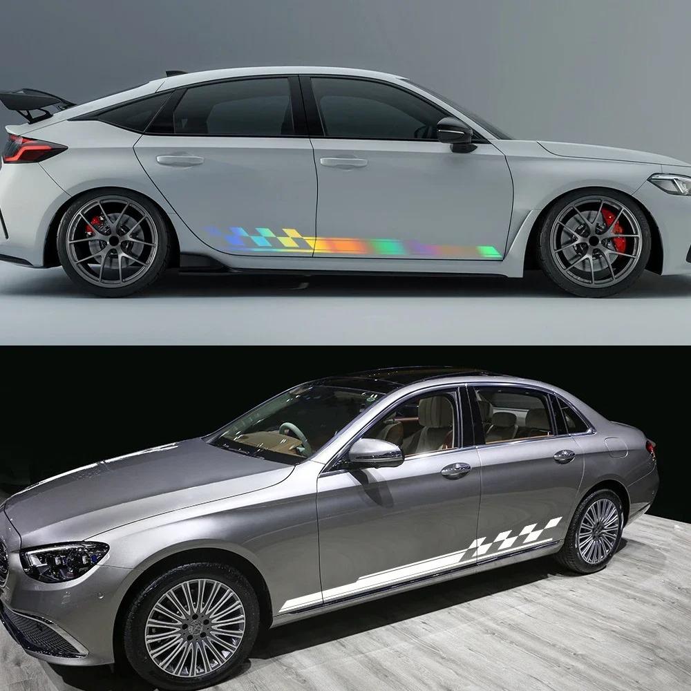 Car Body Side Skirt Stickers Sports Racing Striped Grid Pattern Vinyl Decals Auto Body Styling Decoration Stickers Accessories