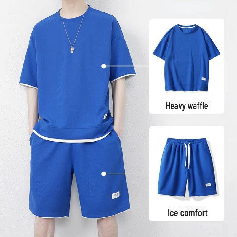 Hong Kong Style Men's Large Ice Silk Waffle Sports Leisure Set - Short-Sleeve T-Shirt & Shorts