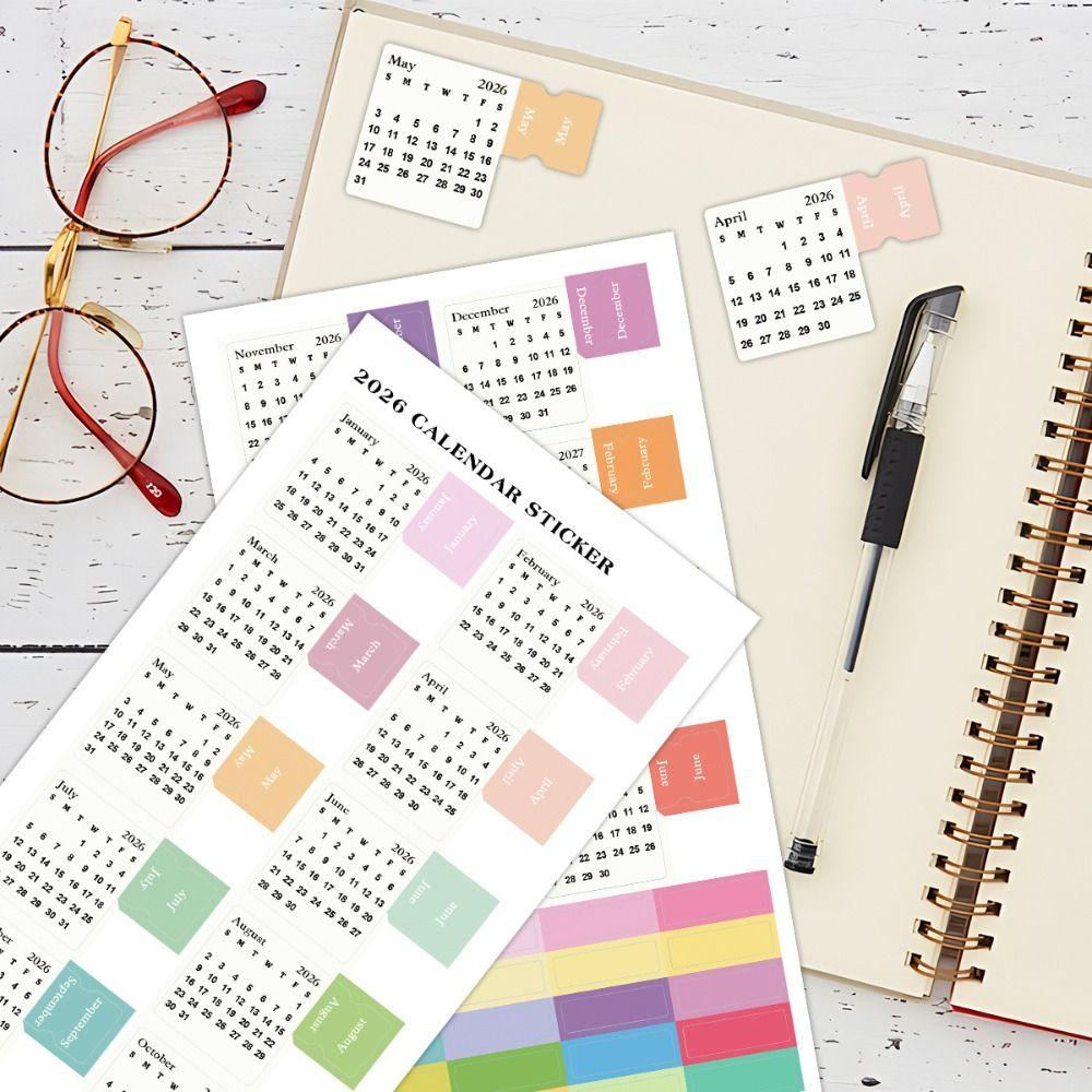 Diy Scrapbook 2026 Calendar Stickers 2 Sheets Cartoon Divider Index Tabs Self-adhesive Simple Monthly Planner Stickers