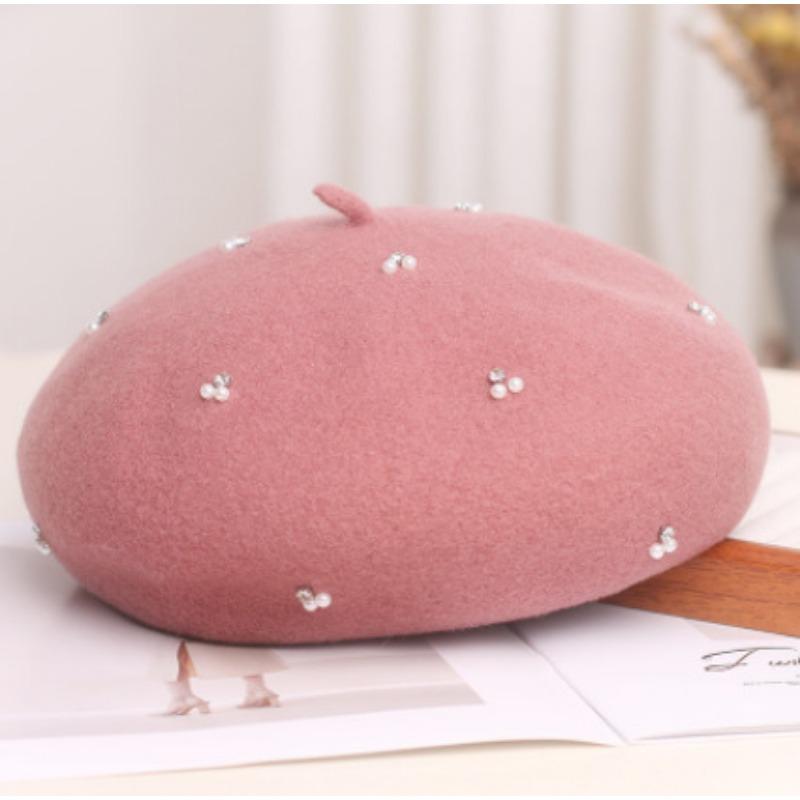 Vintage Wool Beret Pearl Rhinestone Decor Women Autumn Winter Hat Multi Color