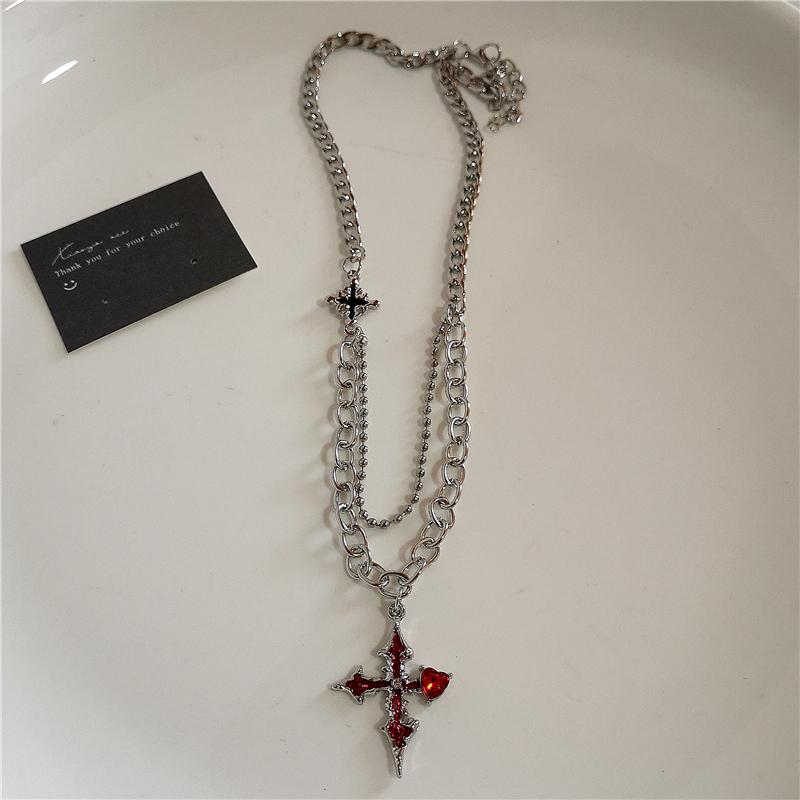 Cross Heart Red Stone Hand Bone Pendants Choker Chain Necklace Ins Punk Goth Charm Korean Men Women Y2K EMO Accessories Jewelry