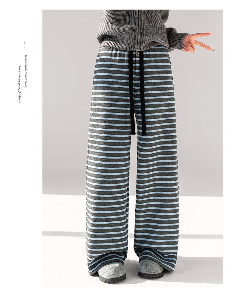 2025 Winter High-Waisted Coffee Striped Plush Pants for Petite Women: Loose, Wide-Leg, Straight-Leg Style.