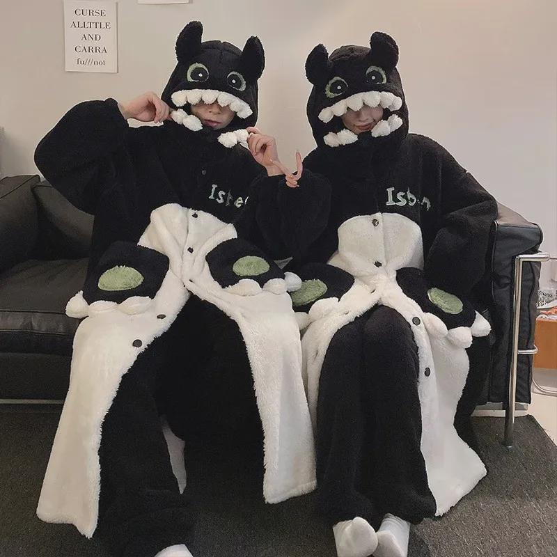 Winter Panda-Pyjama-Set für Paare: Korallfleece Damen Nachthemd & Herren Flanell Homewear