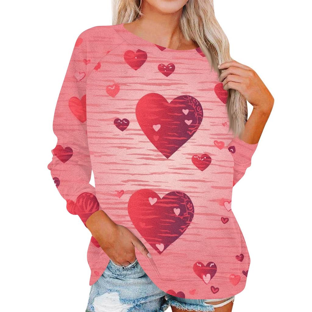 Women's Fashionable Round Neck Shoulder Long Sleeved Valentine's Day Printed Casual Pullover Top