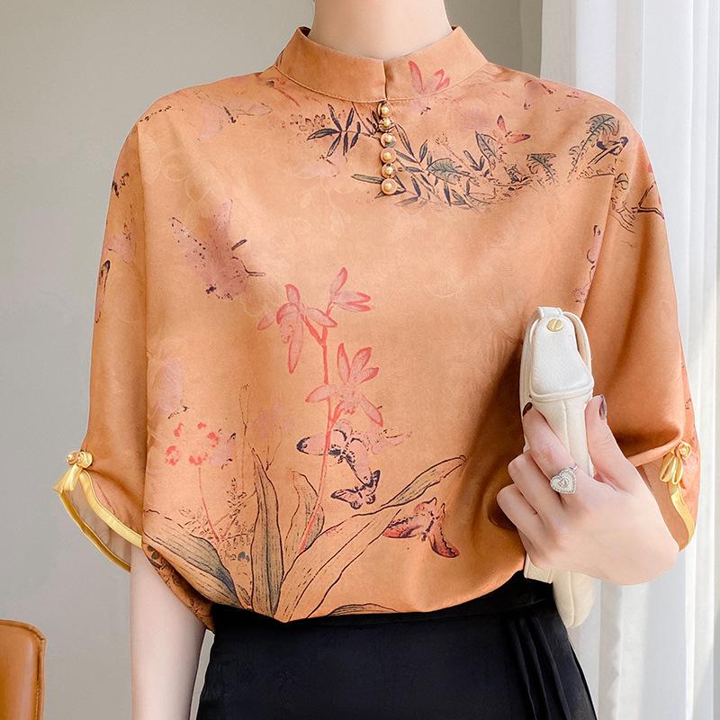 

Elegant Xiangyun Yarn Stand-Up Collar Short-Sleeve T-Shirt - Loose and Comfortable Women s Top for a Chic, Effortless Style M (90-125 jin)