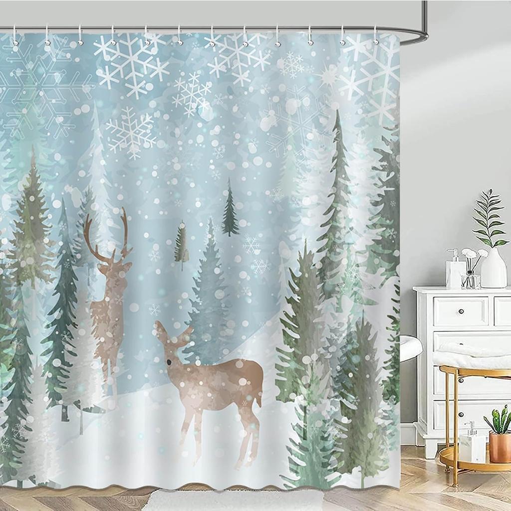 Winter Deer Shower Curtain Deer and Forest Snow Forest Tree Scene Snowflake Christmas Shower Curtain Bathroom Bathtub Curtain
