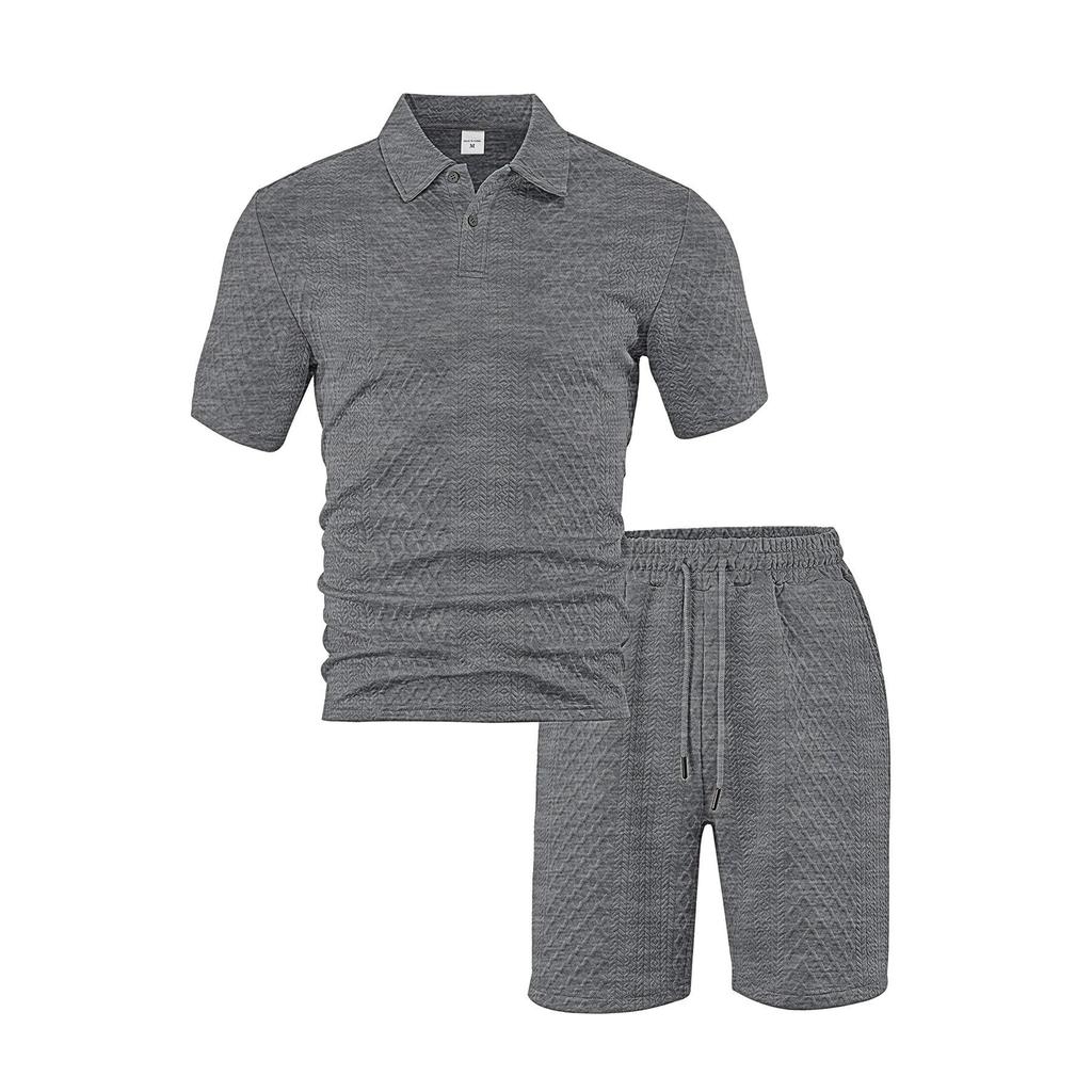 Men's Casual Breathable Button-down Placket Polo Shirt Solid Color High-quality Stand-up Collar Short-sleeved Shorts Set