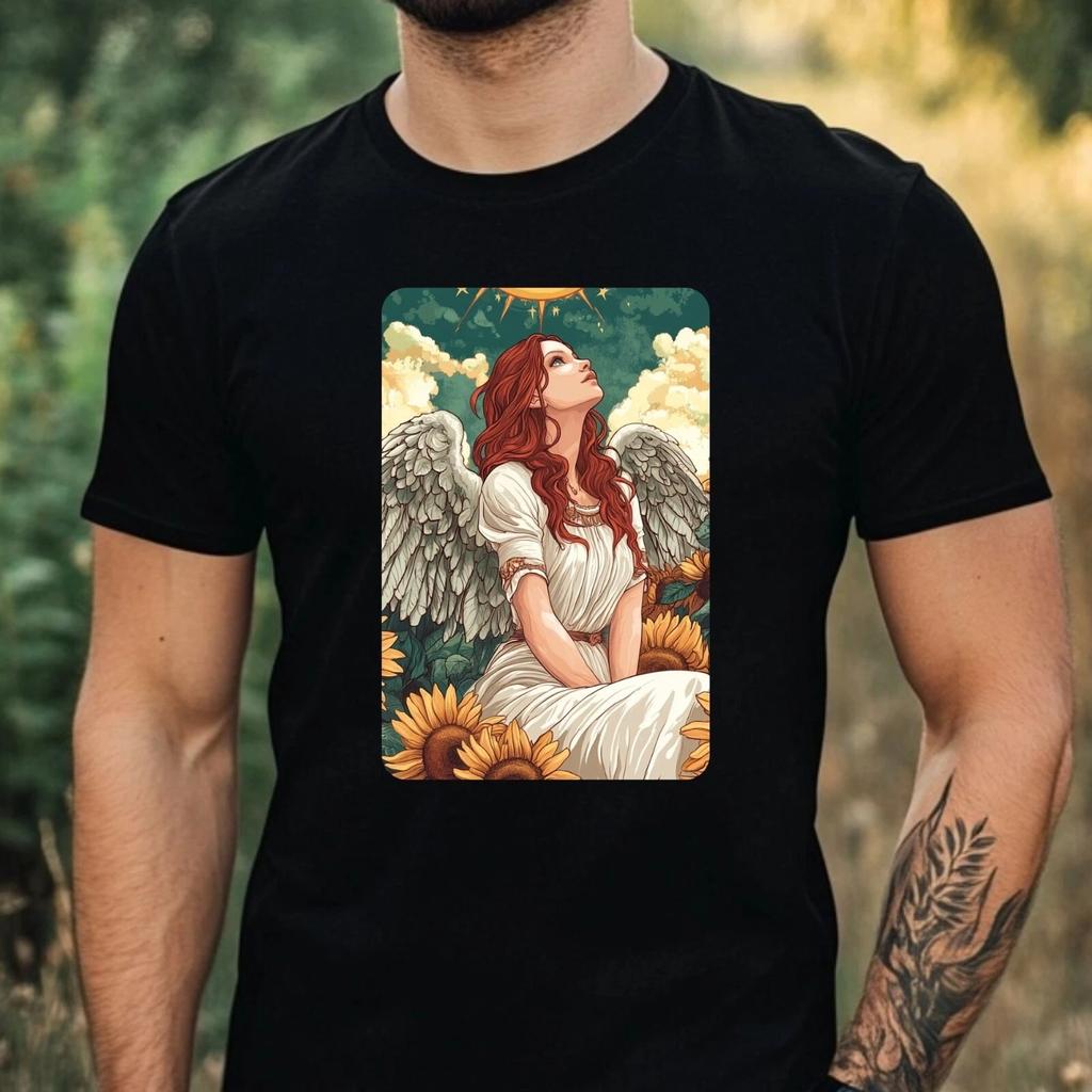 Mens Angel Sunflower Print Cotton 100% Cotton T-shirt Mens Tees Top Size XS to 5XL-