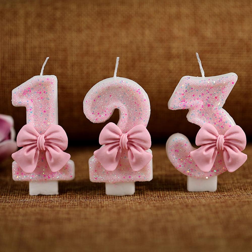 Cute Pink Bow 3D Number Cake Candles for Birthday Party Decorations Birthday Decoration Cake Decorating Tools for daily use