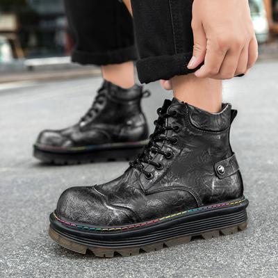 Platforma Męskie Buty Motocyklowe Retro Okrągły Nosek Grube Buty z Prawdziwej Skóry Brytyjski Styl Masywna Platforma Sznurowane Krótkie Botki
