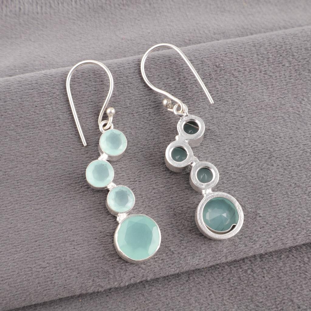 Aqua Chalcedony Gemstone Dangle Earrings 925 Sterling Silver Handcrafted Jewelry EE-161-18