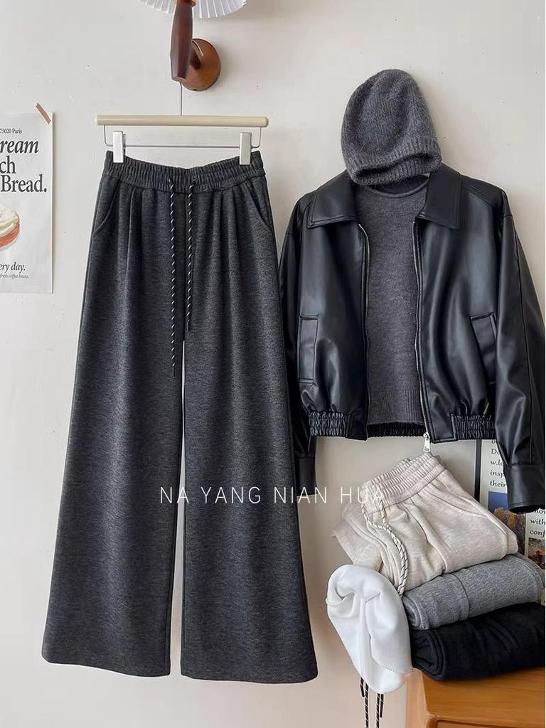 2025 Winter Women's Fleece-lined Slimming Wide-leg Pants - Elastic Waist, Loose Fit, Drapey Style