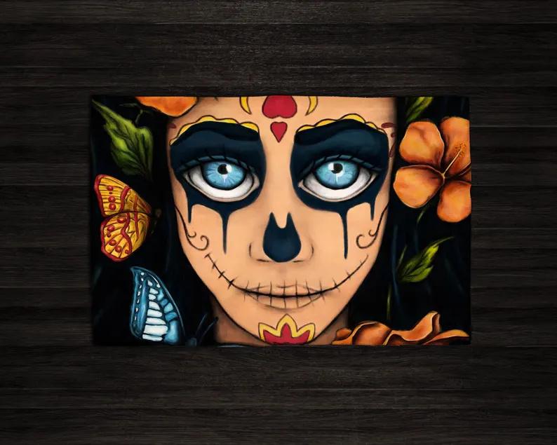 

4/6/8Pcs Mexican Day of TheDead Colorful Style Linen Placemat Santa Muerte Portrait Printed Placemat for Restaurant Dining Decor 4Pcs-30X45cm(12X18in