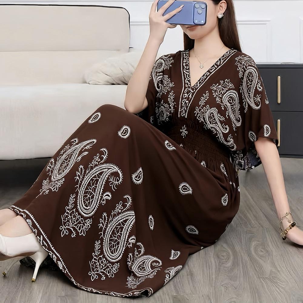 26-Year Floral V-Neck Cotton Silk Batwing Sleeve Beach Dress - Thailand Travel & Vacation Skirt Style