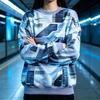 Women Crew Neck Fleece Sweatshirt Cyberpunk Geometric Grid Line Print Long Sleeve Loose No Hood Warm Pullover